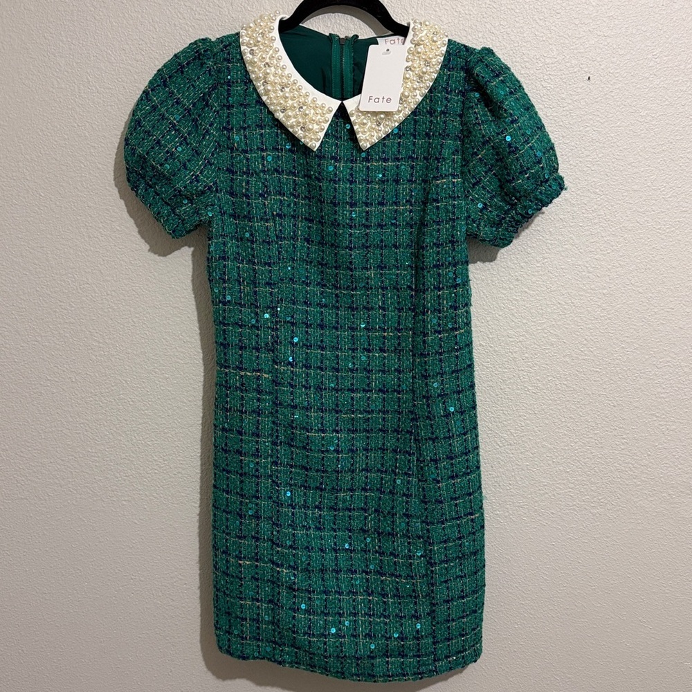 Fate Emerald Tweed Dress with Pearl Accents Collar Sequins - Picture 2 of 7